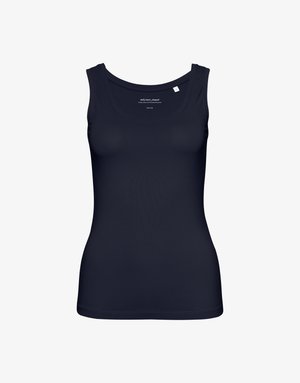 Navy blue tank top made of smooth fabric. Features wide straps and a scoop neckline. No patterns or notable hardware details.
