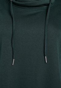 Felpa verde scuro con collo a cappuccio, dotata di cordini con punte in argento. Il materiale sembra morbido ed elasticizzato, adatto per un abbigliamento casual.