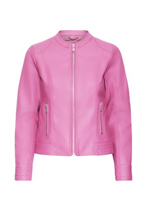 Rozā ādas jaka ar apaļu apkakli, priekšējo rāvējslēdzēja aizdari un divām sānu kabatām ar rāvējslēdzējiem. Uz pleciem un piedurknēm ir šuvju detaļas.