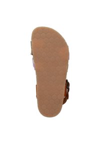 Sandalo marrone con suola in gomma caratterizzato da una texture a pois. La parte superiore è progettata con accenti multicolori e cinturini regolabili.