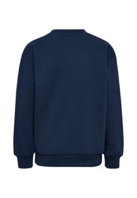 Marinblå sweatshirt med rund halsringning, långa ärmar, ribbstickade manschetter och nederkant, tillverkad av ett glatt, medeltjockt tyg.