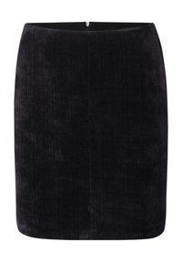 Minifalda de pana negra con textura de estrías verticales, que presenta un cierre oculto en la parte trasera. Diseño sencillo y ajustado sin acentos adicionales.