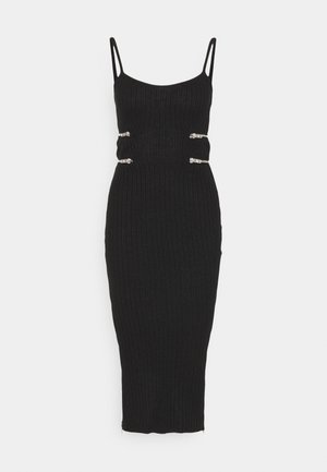 Abito midi nero a coste con sottili spalline e quattro dettagli con zip argento in vita, silhouette aderente.