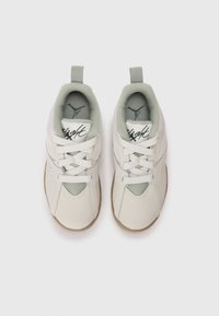 Un paio di sneakers avorio con interni grigio chiaro, lacci bianchi e suole in gomma, viste dall'alto su uno sfondo bianco uniforme.