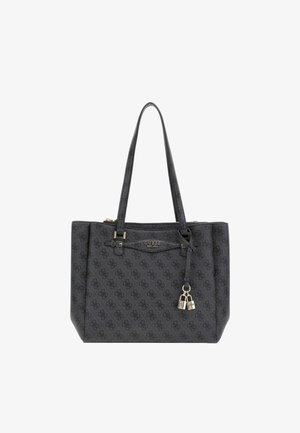 Borsa tote nera a motivo con manici doppi, chiusura con zip e dettagli metallici. Presenta un logo sottile e un charm per un tocco di texture in più.