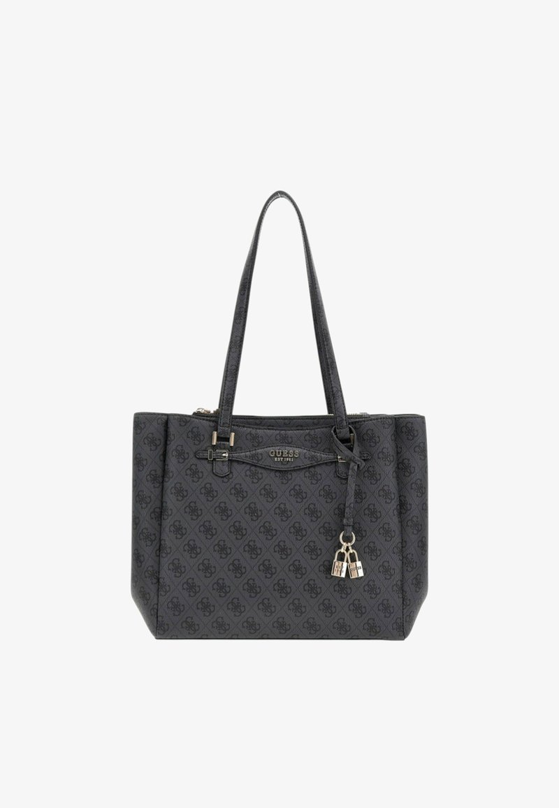 Borsa tote nera a motivo con manici doppi, chiusura con zip e dettagli metallici. Presenta un logo sottile e un charm per un tocco di texture in più.