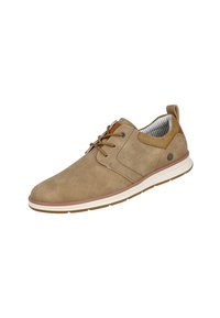 Zapatos marrones con parte superior de ante perforada, acentos marrones en contraste, suela de goma blanca y forro interior a rayas. Diseño con cordones.