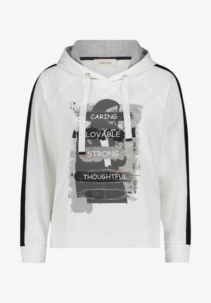 Biała bluza z kapturem z czarnymi paskami na rękawach i abstrakcyjną szarą grafiką z napisami caring, lovable, strong, thoughtful z przodu.