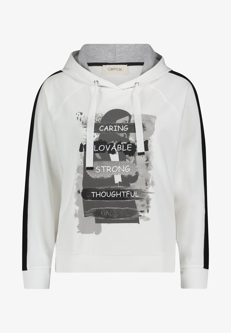 Sweat à capuche blanc avec des rayures noires sur les manches et une œuvre d'art abstraite grise avec les mots caring, lovable, strong, thoughtful à l'avant.