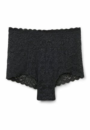 Schwarze Spitzen-Boyshorts mit floralen Mustern, gewellten Kanten und einem nahtlosen Design für Komfort und eine glatte Passform.