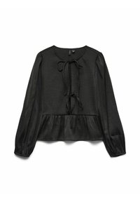 Juoda palaidinė su apvaliu kaklu, surišta priekyje, ilgomis pūstomis rankovėmis ir peplum sijonu. Pagaminta iš tekstūruoto audinio su švelniu blizgesiu.