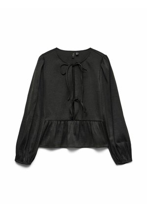 Blusa nera con scollatura rotonda, parte frontale annodata, maniche lunghe a sbuffo e orlo peplum. Realizzata in tessuto testurizzato con una morbida lucentezza.