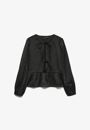 Mustmustärgne bluus ümmarguse kaeluse, sidumisega esiosa, pikkade puffvarrukate ja peplumi allääriga. Valmistatud tekstureeritud kangast, millel on pehme sära.