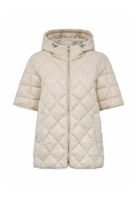 Beżowa pikowana kurtka puchowa z krótkim rękawem, pełnym zapięciem na zamek i kapturem. Posiada diamentowy wzór oraz regulację sznurkiem na kapturze.