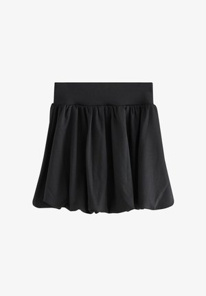 Fustă neagră cu talie strâmtă și design evazat, adunat. Confecționată dintr-un material moale cu textură fină. Fără modele sau accente.