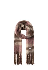 Écharpe en laine dans un motif à carreaux rose, marron et crème ; texture douce avec des extrémités frangées et une petite étiquette de marque.