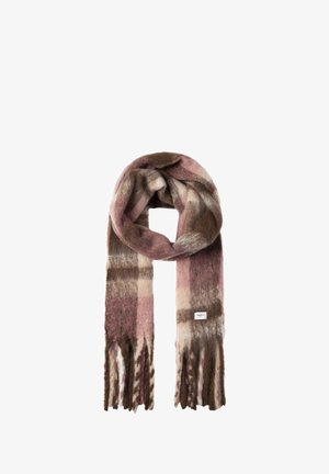 Bufanda de lana en un patrón de cuadros en rosa, marrón y crema; textura suave con extremos flecados y una pequeña etiqueta de marca.