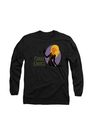 Long-sleeve black t-shirt featuring a graphic design of a blonde silhouette and the text "Good Looks" in green, set against a purple background.
