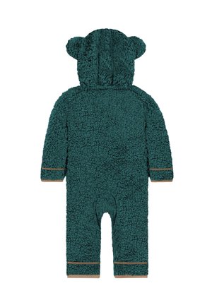 Türkisfarbener Fleece-Schlafanzug mit Bärenohren an der Kapuze, strukturiertem Stoff, langen Ärmeln und braunen Besätzen an den Handgelenken und Knöcheln.
