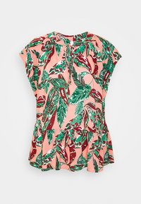 Blusa rosa con stampa di foglie verdi e bordeaux, scollatura arricciata, maniche ampie e orlo arricciato. Realizzata in tessuto leggero.