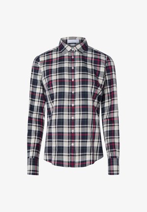 Men's long-sleeve shirt in a white, navy, and red plaid pattern. Features a button-up front, collar, and fitted design with buttoned cuffs.