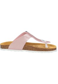 Ljusrosa flip-flop sandaler med syntetiskt ovandel, kork-mellansula och vit gummisula. Har en tångdesign och kontrasterande knappaccent.
