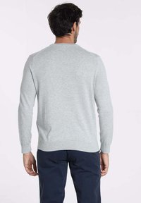Pull gris clair avec col rond et manches longues, featuring des poignets et un ourlet côtelés, fabriqué dans un tissu doux et texturé.