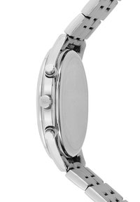 Orologio in acciaio inossidabile con finitura metallica, forma rotonda, due pulsanti e bracciale con maglie regolabili. Texture liscia, superficie lucida.