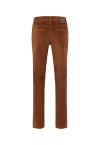 Braune Corduroyhose mit geradem Bein, zwei Gesäßtaschen und einem Logotag am Bund. Strukturiertes Material mit vertikalen Rippungen.