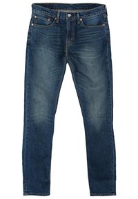 Jean denim bleu avec une coupe slim, un design cinq poches, une fermeture par boutons et des détails délavés sur les cuisses et les genoux.