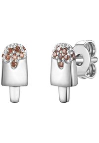 Strieborné náušnice v tvare zmrzliny s hnedými a šampansky farebnými akcentmi hore, s lešteným povrchom a štandardným zapínaním na zadnej strane.