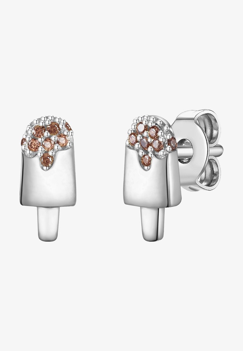 Strieborné náušnice v tvare zmrzliny s hnedými a šampansky farebnými akcentmi hore, s lešteným povrchom a štandardným zapínaním na zadnej strane.