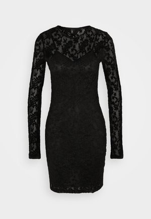 Schwarzes Langarmkleid aus durchsichtiger Spitze mit floralen Mustern, einer taillierten Silhouette und einem runden Ausschnitt.