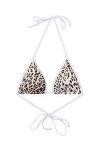 Løveprint bikini topp med hvite bånd, med en trekantet design og justerbare stropper for en sikker passform. Strukturerte stoffer.
