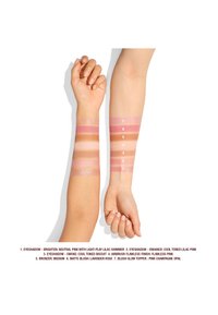 Campioni di sette prodotti di trucco su due braccia con tonalità di rosa chiaro, neutro e bronzo. Ogni tonalità è etichettata per una facile identificazione.