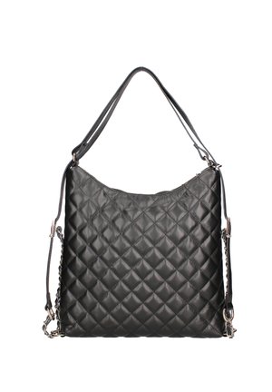 Schwarze gesteppte Lederhandtasche mit Reißverschluss oben, einem einzelnen Schulterriemen und abnehmbarem Kettenriemen für das Tragen quer über den Körper.