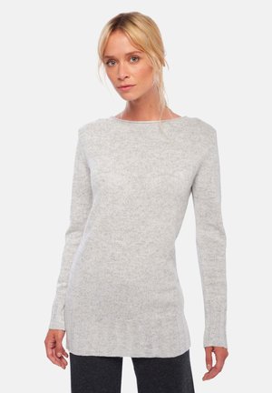 Pull gris clair en tricot doux, avec un col rond, des manches longues, un ourlet côtelé et un dos légèrement allongé.