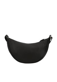 Borsa a tracolla in pelle nera con forma arrotondata a mezza luna. Presenta una texture liscia e una chiusura con zip superiore, con una tracolla corta e regolabile.