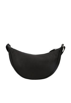 Schwarze Leder-Handtasche mit einer abgerundeten, mondförmigen Form. Sie hat eine glatte Textur und einen Reißverschluss oben sowie einen kurzen, verstellbaren Tragegurt.