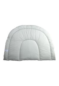 Padded, arch-shaped cushion in soft green fabric with a smooth texture. Features rounded edges and a central opening at the base.