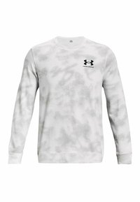 Sudadera de hombre de manga larga en blanco y gris con patrón de camuflaje, con el logo negro de Under Armour en el lado izquierdo del pecho.