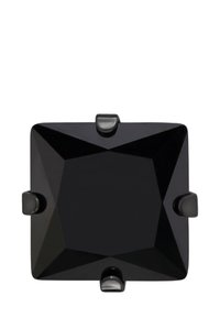 Gemma rettangolare nera con angoli appuntiti, decorata con piccoli accessori in metallo nero. Superficie liscia con taglio sfaccettato.