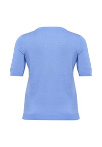 Suéter de manga corta de color azul claro con cuello redondo, textura de punto y dobladillo acanalado. La vista trasera muestra un acabado liso sin patrones.