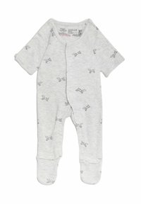 Jasnoszary pajacyk z krótkim rękawem, z powtarzającym się wzorem psa w ciemnoszarym kolorze. Wykonany z miękkiej bawełny, z nogawkami ze stopkami i zapięciem na napy.