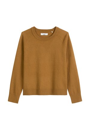 Brown knitted sweater with a round neck, raglan sleeves, and ribbed cuffs and hem. Soft texture and casual fit.