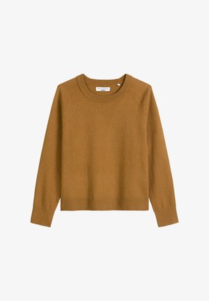 Pull en maille brun avec un col rond, des manches raglan et des poignets et une base côtelés. Texture douce et coupe décontractée.