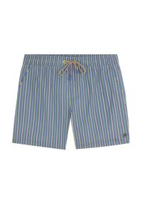 Pantaloni scurți de înot cu dungi, prezintă dungi verticale albastre, verzi și galbene, talie elastică, șnur ajustabil și buzunare laterale.