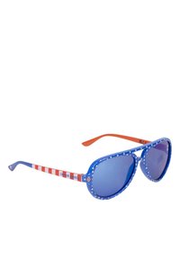 Blue sunglasses with a star pattern on the frames, red and white striped arms, and blue-tinted lenses. "Captain America" text on the arm.