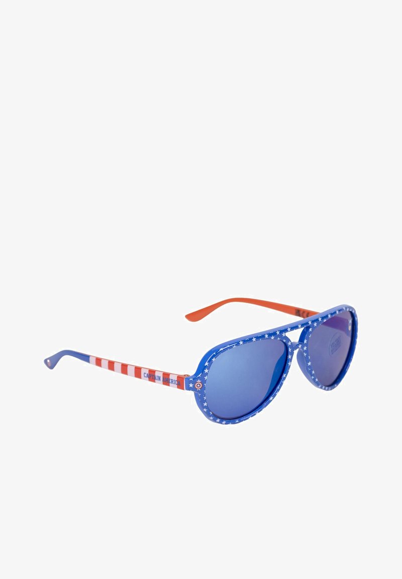 Blue sunglasses with a star pattern on the frames, red and white striped arms, and blue-tinted lenses. "Captain America" text on the arm.
