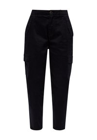 Pantalon cargo noir à coupe effilée, doté de poches latérales et d'une texture de tissu lisse. Une taille ajustable avec une fermeture par bouton.